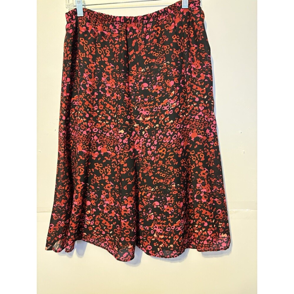 Women's Black and Pink Print Pleated Front Lined Fairy lik Flare Midi Skirt Sz 8